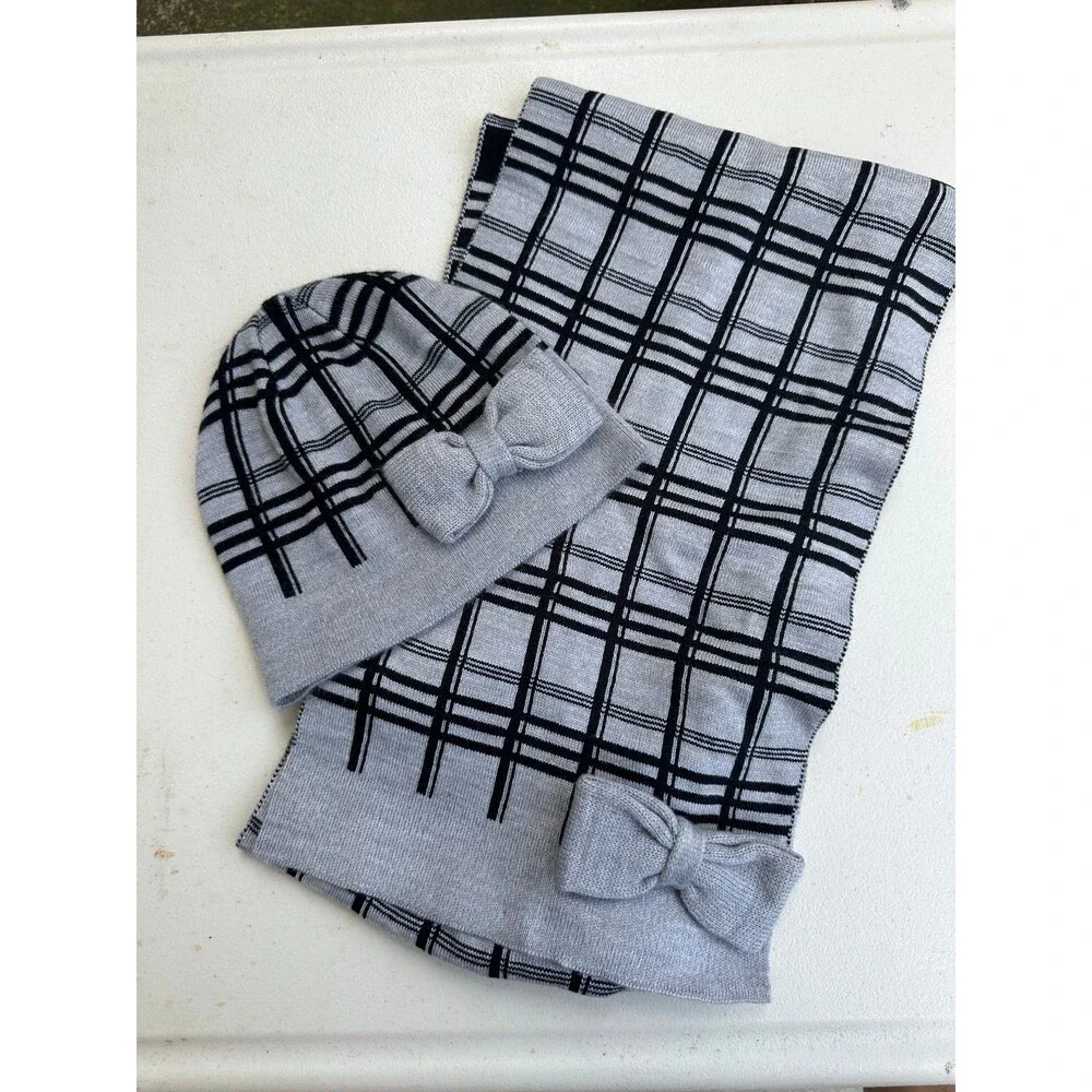 NWOT Kate Spade New York Plaid Grey Melange Black Bow Muffler Beanie Hat Set OS
